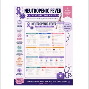 May include: A purple and white educational cheat sheet for nurses titled Neutropenic Fever. The document features a central table with medical information, icons for nursing priorities, evidence-based care, and clinical manifestations, plus a stethoscope and medical bag graphic.