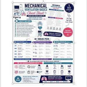 Könnte beinhalten: Ein digitales Lernblatt mit dem Titel Mechanical Ventilation Basics, das Abschnitte zu Beatmungsmodi, Alarmbehebung und pflegerischen Maßnahmen enthält. Das Dokument zeigt Symbole von Lungen, einem Herzen und einem Beatmungsgerät.