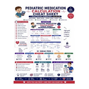 May include: A digital paediatric medication calculation cheat sheet featuring a cartoon nurse, medical icons, and instructional text. The layout includes sections for basic formulas, weight conversions, dosing, and safety checks on a white background.