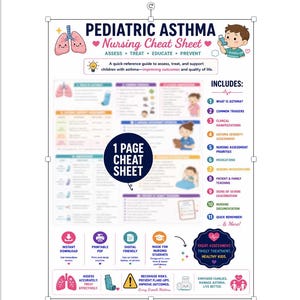 May include: A Paediatric Asthma Nursing Cheat Sheet featuring educational text, medical illustrations of lungs and an inhaler, and a list of eleven clinical topics. The document includes icons for instant download, printing, and digital use for nursing students.