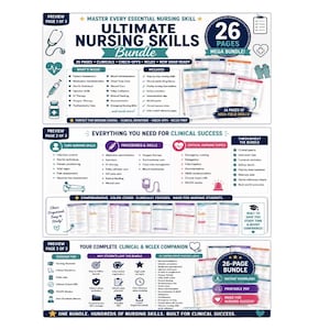 May include: A 26-page Ultimate Nursing Skills bundle digital document set featuring three preview pages. The pages contain text, icons, and lists detailing clinical skills, procedures, and NCLEX preparation topics with a blue and white color scheme.