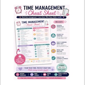 May include: A digital time management cheat sheet document with a light pink background. The header reads Time Management Cheat Sheet. It includes sections for proven principles, prioritizing, daily planning, and avoiding time wasters. The document is marked as a one-page high-yield cheat sheet with icons for instant download, print friendly, digital PDF, and exam and clinical ready status.