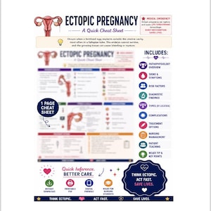 May include: An educational infographic titled Ectopic Pregnancy: A Quick Cheat Sheet. It features anatomical illustrations of the uterus and fallopian tubes, sections on pathophysiology, symptoms, risk factors, and treatment, plus icons and text.