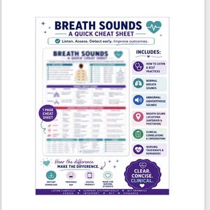 Può includere: Un foglio informativo educativo bianco intitolato BREATH SOUNDS A QUICK CHEAT SHEET con testo blu e viola. Include sezioni su come ascoltare, suoni respiratori normali e anormali, posizioni, correlazioni cliniche e promemoria infermieristici.