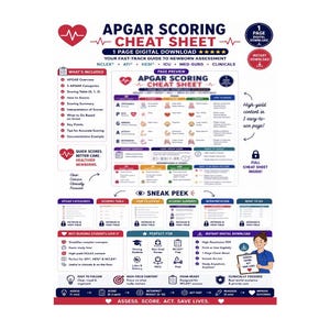 Op de afbeelding: Een digitaal Apgar-score spiekbriefje voor verpleegkundestudenten en medische professionals. Het document bevat een centraal voorbeeld van de scoretabel, secties voor beoordelingscategorieën, score-interpretatie en klinische voorbeelden.