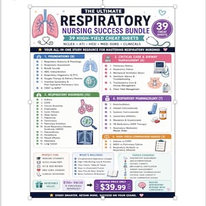 Może przedstawiać: Cyfrowy plakat edukacyjny zatytułowany The Ultimate Respiratory Nursing Success Bundle, zawierający 39 arkuszy powtórkowych dla pielęgniarek. Obejmuje sekcje dotyczące anatomii, chorób układu oddechowego, farmakologii i opieki.