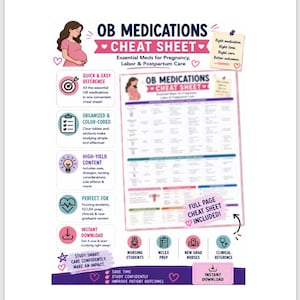 May include: An OB Medications Cheat Sheet educational document featuring a pregnant person illustration, organized tables for pregnancy, labor, and postpartum care, and text including 'Quick & Easy Reference', 'Organized & Color-Coded', and 'Full Page Cheat Sheet Included'.