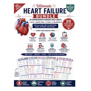 Peut inclure: Un guide d'étude infirmier numérique intitulé Ultimate Heart Failure Bundle comprenant 20 pages de fiches de révision. Le graphique présente une illustration de cœur rouge, des icônes pour des sujets médicaux comme l'interprétation de laboratoire et les médicaments, et du texte détaillant le contenu de préparation au NCLEX.