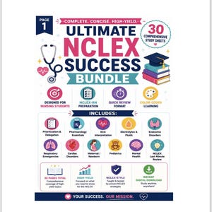 Op de afbeelding: Een digitale studiegids getiteld Ultimate NCLEX Success Bundle, met 30 uitgebreide studiebladen. De afbeelding bevat iconen voor verpleegkundige onderwerpen zoals farmacologie, ECG en kindergeneeskunde, met tekst over de inhoud.