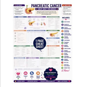 May include: A one-page educational cheat sheet for nurses titled Pancreatic Cancer, featuring medical illustrations of the pancreas, key points, safety protocols, and a comprehensive list of clinical topics including risk factors, staging, and nursing priorities.
