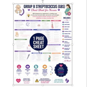 May include: A one-page educational cheat sheet for nurses titled Group B Streptococcus (GBS) featuring a baby illustration, a pregnant person, and a list of 14 clinical topics including risk factors, screening, and neonatal care management.