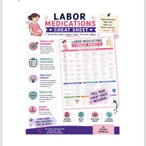 May include: A Labor Medications Cheat Sheet educational infographic featuring a pregnant person illustration, color-coded sections, and text detailing nursing considerations, dosages, and side effects. Includes a full-page cheat sheet preview.