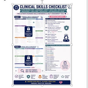 Può includere: Una scheda di riferimento Clinical Skills Checklist con due pagine per la valutazione infermieristica, la sicurezza e la documentazione delle procedure. Il documento include sezioni per i segni vitali, l'esame obiettivo, la somministrazione di farmaci e il controllo delle infezioni.