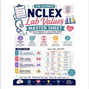May include: A colourful educational study guide titled The Ultimate NCLEX Lab Values Master Sheet. It features a stethoscope, test tubes, and icons representing nursing actions, lab categories, and a summary of contents for nursing students.