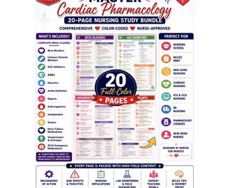 Farmacologia cardiaca - Pacchetto di 20 pagine per infermieri / Riferimento ai farmaci per infermieri (PDF digitale)