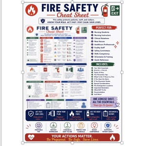 May include: A rectangular Fire Safety Cheat Sheet infographic featuring a white background with red, blue, and green text and icons. It includes sections on fire types, R.A.C.E. and P.A.S.S. protocols, emergency procedures, and checklists for healthcare staff.