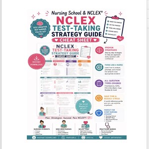 May include: A Nursing School & NCLEX Test-Taking Strategy Guide cheat sheet featuring pink, blue, and purple text and icons. The document includes sections on proven strategies, thinking like a nurse, question types, and stress reduction tips.