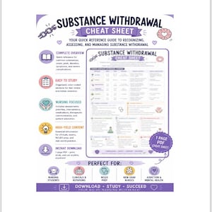 May include: A purple and white educational cheat sheet titled Substance Withdrawal Cheat Sheet. It features a central table, bulleted lists, and icons for nursing students, clinicals, NCLEX prep, and mental health. The text includes headings like Complete Overview, Easy to Study, Nursing Focused, High-Yield Content, and Instant Download.