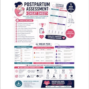 May include: A digital postpartum assessment cheat sheet featuring a pink and blue color scheme. The document includes sections on vital signs, fundal assessment, lochia stages, and nursing priorities, with illustrations of a parent holding a baby.