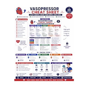 May include: A digital Vasopressor Cheat Sheet educational infographic featuring a red heart icon, text headers, and organized columns detailing five key agents: Norepinephrine, Epinephrine, Vasopressin, Dopamine, and Phenylephrine with clinical data.