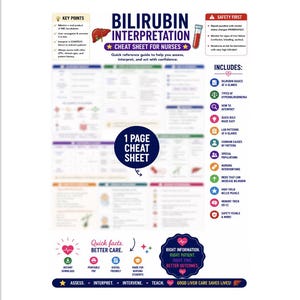 May include: A Bilirubin Interpretation cheat sheet for nurses featuring a central title, key points, safety first section, and a list of included topics. The document includes icons, text, and a 1-page cheat sheet label, designed as a quick reference guide.