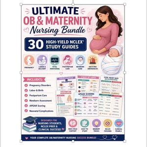 May include: A digital educational poster titled Ultimate OB & Maternity Nursing Bundle featuring 30 high-yield NCLEX study guides. It includes illustrations of a pregnant person and a newborn, with icons for pregnancy, labor, and neonatal care topics.
