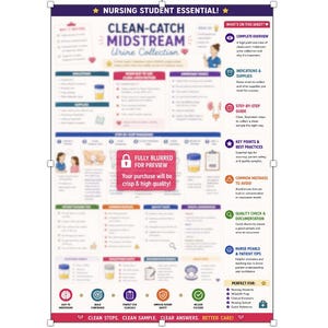 Peut inclure: Une fiche de référence éducative pour étudiants en soins infirmiers intitulée CLEAN-CATCH MIDSTREAM Urine Collection. Le document présente des sections sur les indications, le matériel, les procédures, les erreurs et les contrôles.
