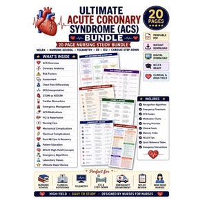 Puede incluir: Un paquete de estudio de enfermería de 20 páginas titulado Ultimate Acute Coronary Syndrome (ACS) Bundle. El documento presenta una ilustración de un corazón rojo, listas de temas clínicos como interpretación de ECG y diagramas.