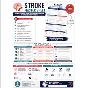 May include: A digital Stroke Master Sheet study guide featuring a red brain illustration, nursing intervention checklists, FAST assessment tools, and ischemic versus hemorrhagic stroke comparison charts. The document includes text headers, icons, and a one-page layout.
