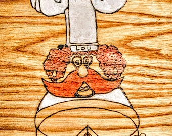 Hand-Burned Pyrography Chef Plaque – Optical Illusion Folk Art, Signed Lou by "Baraboo Lou" 2010s