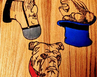 Upside‑Down Folk Art Block: Horse, Rabbit, Bulldog Pyrography – Baraboo Lou Original