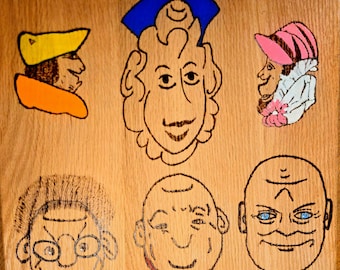 Hand-Burned Folk Art Plaque – Six Whimsical Faces, Signed Baraboo Lou (2010-2019)