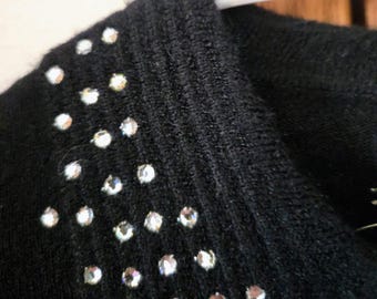 Vintage 1950s Black Wool Rhinestone Cardigan Sweater – Schiaparelli Style Mid Century Knit