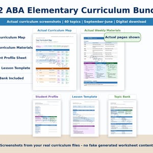 May include: K-2 ABA Elementary Curriculum Bundle digital download featuring a year curriculum map, full curriculum materials, student profile sheet, tiered lesson template, and topic bank. Includes screenshots of actual curriculum pages.