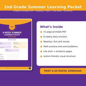 2nd Grade Summer Learning Packet PDF | 8 Week Printable Summer Review | Reading, Math, Life Skills, Emotions, Autism-Friendly Worksheets