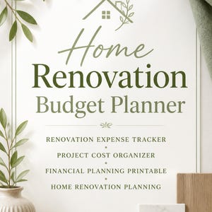 Puede incluir: Un documento blanco Home Renovation Budget Planner con texto verde y un icono de casa. El texto dice: Home Renovation Budget Planner, Renovation Expense Tracker, Project Cost Organizer, Financial Planning Printable, Home Renovation Planning.