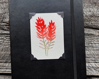 Indian Paint Brush Watercolor Wildflower Lined Journal - Self Care Goals Diary - Mental Health Black Organizer - Original Floral Painting