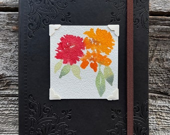 Orange and Yellow Watercolor Flower Lined Journal - Self Care Goals Diary - Mental Health Brown Organizer - Original Floral Painting