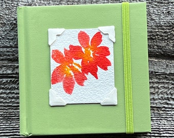 Mini Lime Green Sketchbook-Journal with Original Orange Flower Watercolor Painting