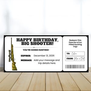Editable Hunting Trip Ticket Printable, Surprise Birthday Gift, Hunting Gift for Him, Ticket Template, Outdoor Adventure Voucher Certificate