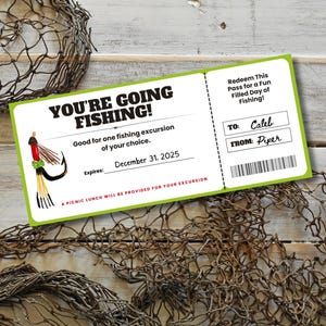 Certificado de boleto para viaje de pesca sorpresa, imprimible, para regalo de cumpleaños, día del padre o aniversario, cupón de pesca personalizable