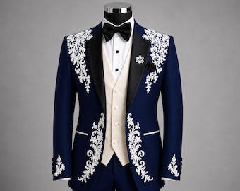 Costume de smoking bleu marine brodé pour homme, tenue de marié 3 pièces sur mesure