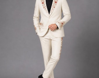 Custom Ivory Floral Embroidered Men's Suit | Groom, Wedding, Prom (Two Piece)