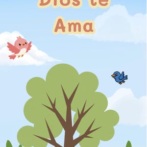 May include: A digital illustration featuring a light blue sky with white clouds, a green grassy field, and a central tree. A pink bird flies on the left and a blue bird on the right. The text reads Marity Solis and Dios te Ama in brown letters.