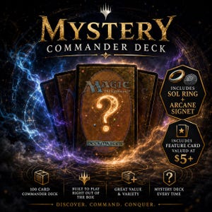 May include: A Magic: The Gathering Mystery Commander Deck featuring a central card with a glowing question mark. The packaging includes text stating it contains 100 cards, a Sol Ring, an Arcane Signet, and a feature card valued at $5 or more.