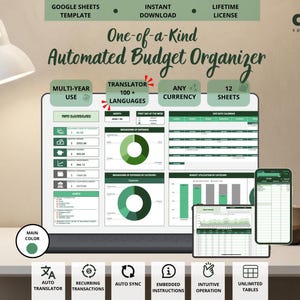 Può includere: Un modello digitale di organizzatore di budget automatizzato per Google Sheets di Arkal Spreadsheets. L'interfaccia presenta una dashboard con accenti verdi, grafici a torta, grafici a barre e un calendario. Include 12 fogli e opzioni di traduzione.
