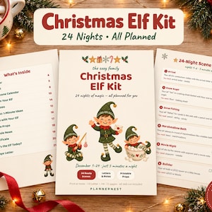 May include: A Christmas Elf Kit with 24 nights of planned activities, including an arrival letter, elf passport, scene calendar, notes, and printable props. The kit features illustrations of elves and text detailing a 24-night schedule for holiday fun.