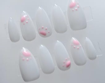 Milky White Pink Paw Print Press On Nails Kitty Puppy Doggy Cat