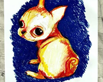 colorful chihuahua large poster, original oil pastel drawing print