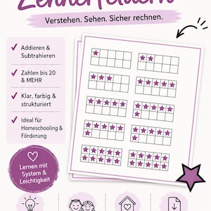 Könnte beinhalten: Ein digitales Arbeitsblatt mit dem Titel RECHEN MIT Zehnerfeldern, das Zehnerfelder mit violetten Sternsymbolen zeigt. Das Dokument enthält Listen mathematischer Funktionen, Symbole für Kinder, Heimgebrauch und Anweisungen zum Herunterladen.